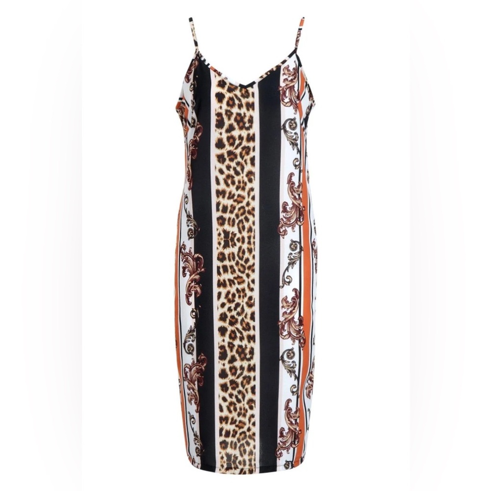 Boohoo Leopard Stripe Midi Cami Dress - Black/White/Tan